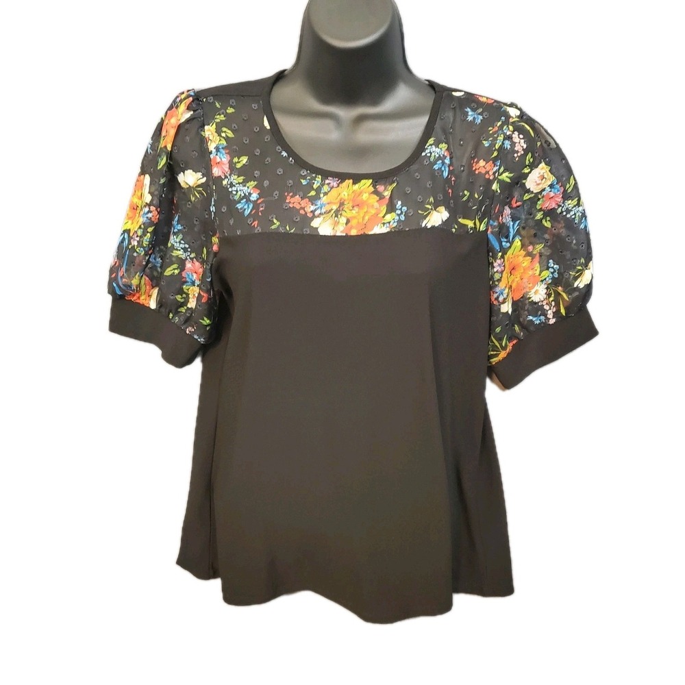 Love Scarlett Floral Puff Sheer Sleeve Black Cotton Shirt Sz S Dark Romantic